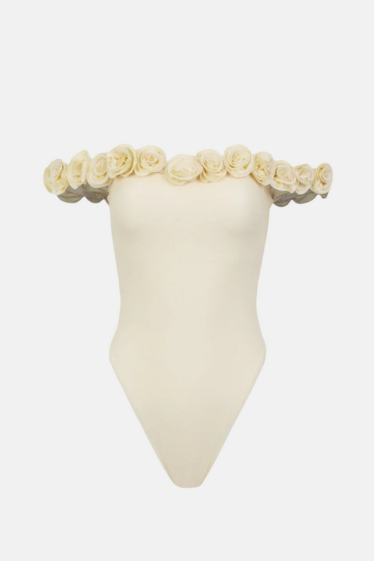 Rosalie Off-Shoulder One-Piece Swimsuit with 3D Rosette Detail – White or Red