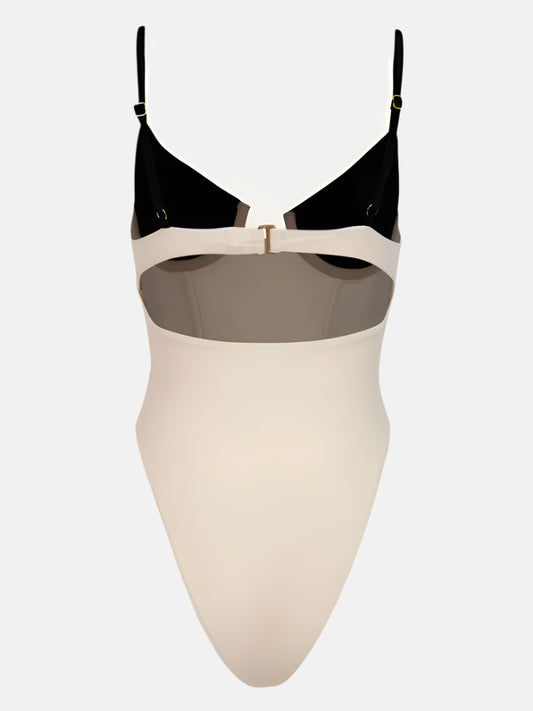 High-Leg Black and Ivory Swimsuit