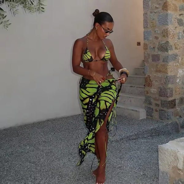 Monarch Escape Three-Piece Swim Set – Lime and Black Print