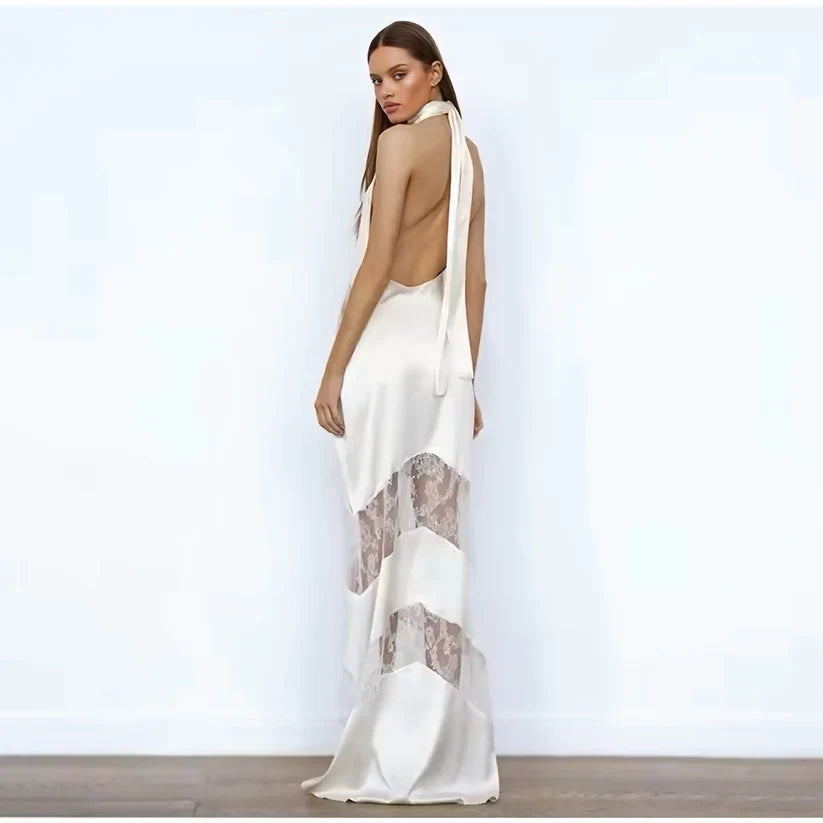 Deep Plunge Satin Gown with Open Back