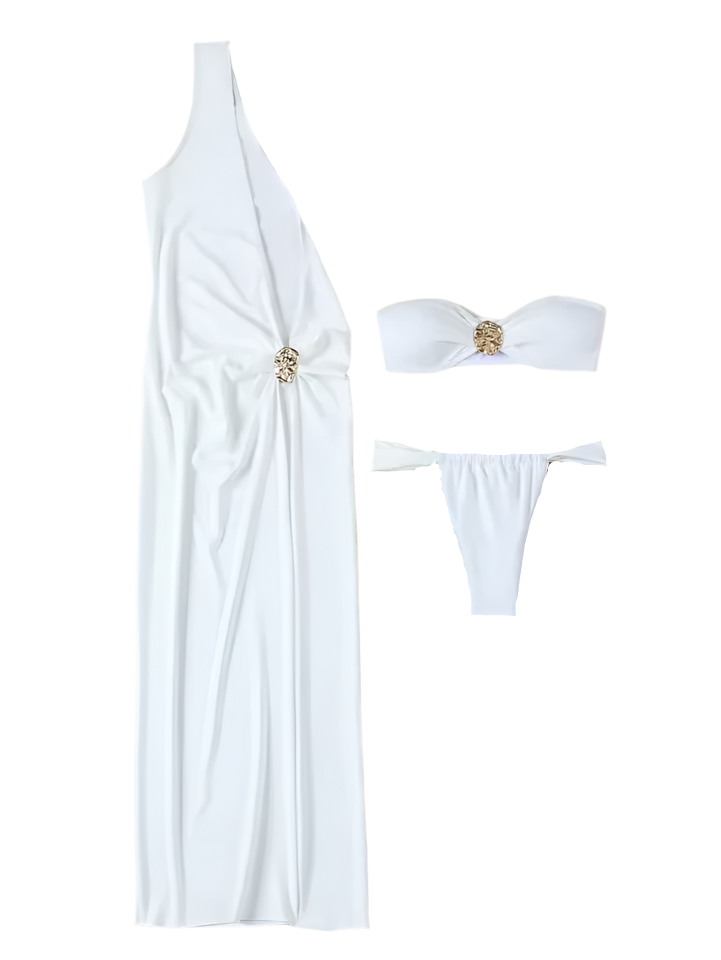 Aurelia One-Shoulder Cut-Out Maxi Dress with Gold Floral Accents – White