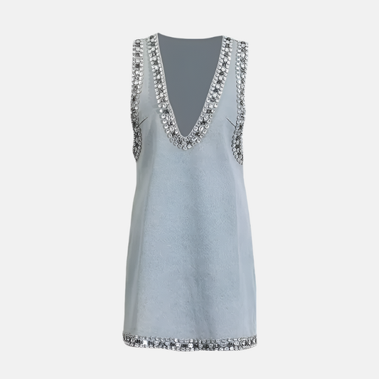 Roxie Crystal Trim Denim Mini Dress – Sleeveless V-Neck