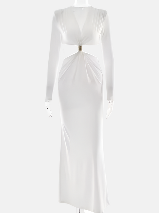 Selene Cut-Out Deep V Maxi Dress – White