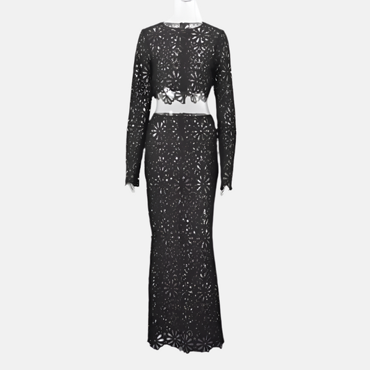 Viola Floral Crochet Two-Piece Set – Crop Top and Midi Skirt in White or Black