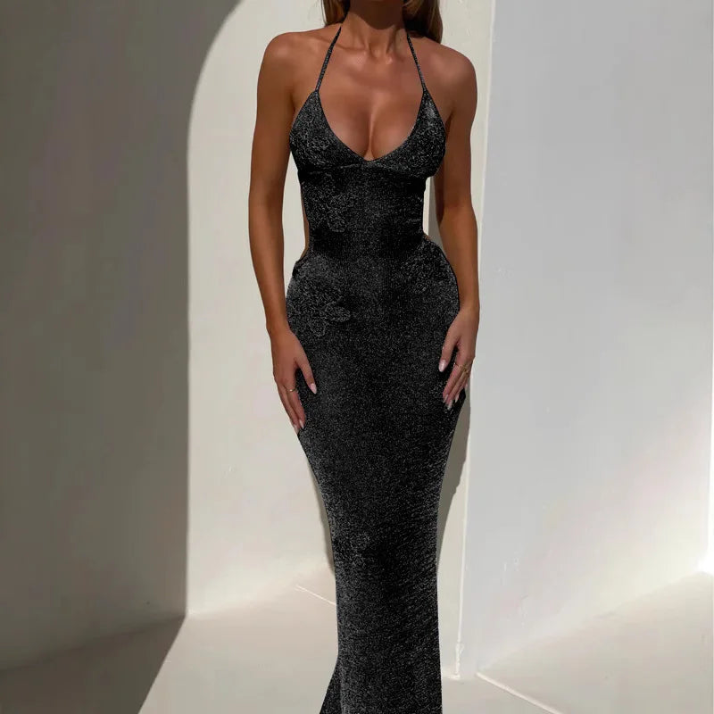 Cassia Metallic Backless Gown – Silver & Black Glitter Maxi Dress