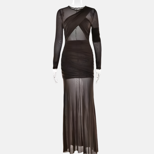 Celeste Sheer Mesh Maxi Dress with Long Sleeves – Red or Coffee