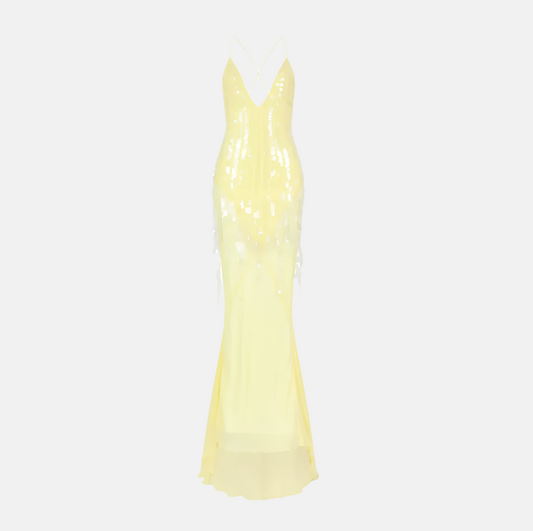 Solene Sequin Sheer Maxi Dress – Yellow Backless Gown