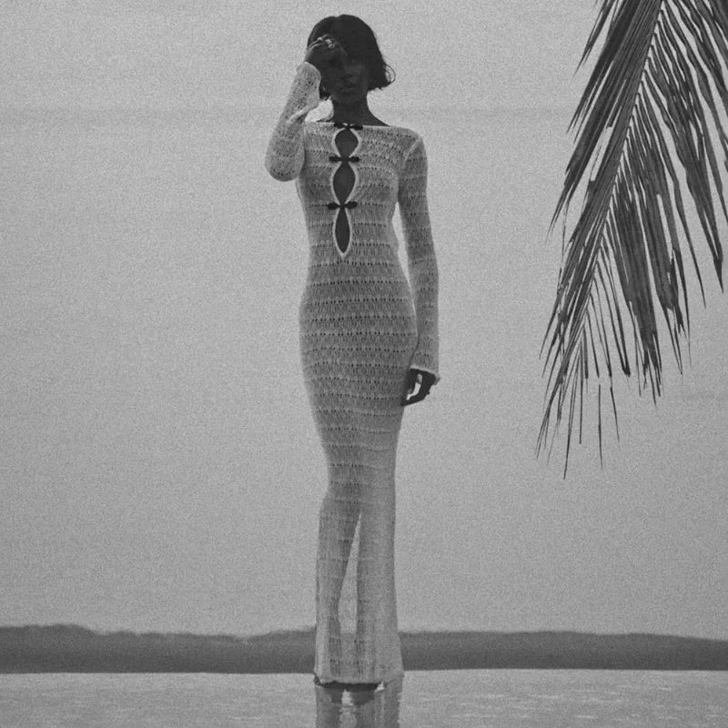 High neck crochet dress in white