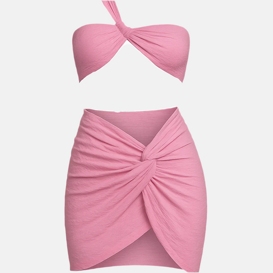 Capri One-Shoulder Twist Bikini Set with Mesh Skirt – Pink