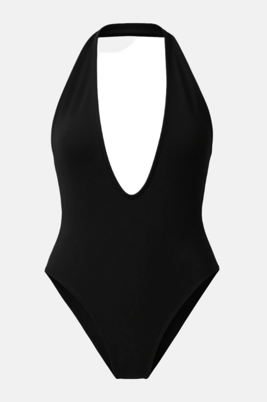 Amara Plunge Halter One-Piece – Black Backless Swimsuit