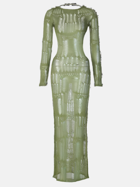 Verde Glow Sheer Knit Open-Back Maxi Dress – Lime Green