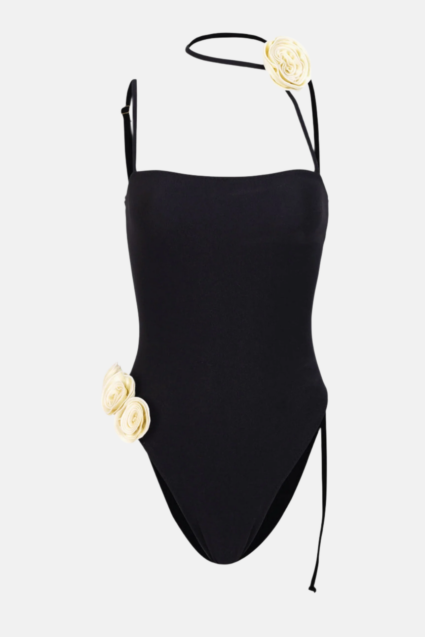 Rosa Side-Bloom One-Piece Swimsuit with Ivory Rosettes – Black