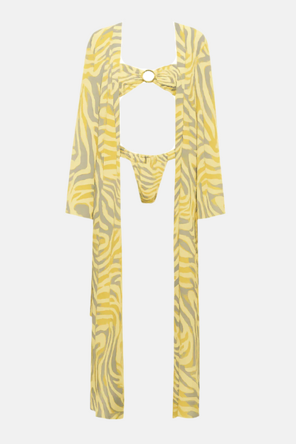 Solara Zebra Print 3-Piece Bikini Set with Cover-Up Robe – Yellow