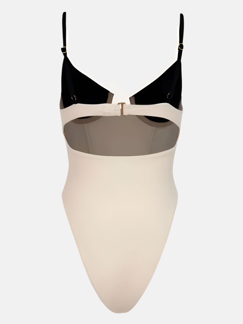 High-Leg Black and Ivory Swimsuit