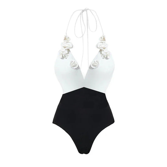Florina 3D Floral One-Piece Swimsuit – Black with White