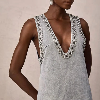 V-neck denim mini dress with sparkles