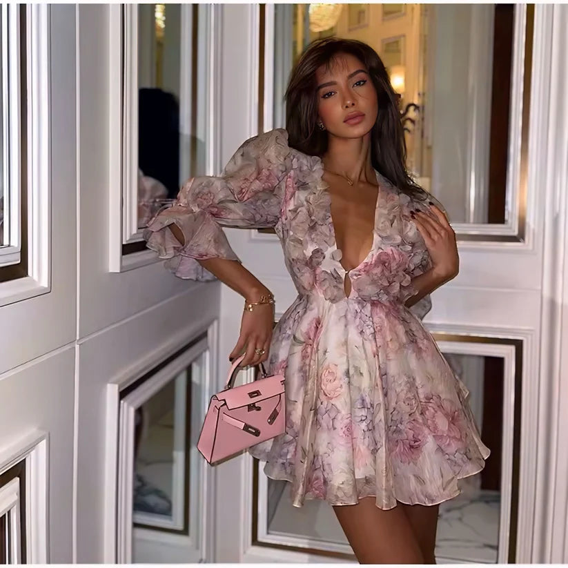 Juliette Pastel Floral Organza Ruffle Mini Dress