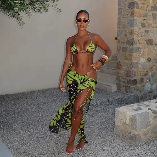 Monarch Escape Three-Piece Swim Set – Lime and Black Print