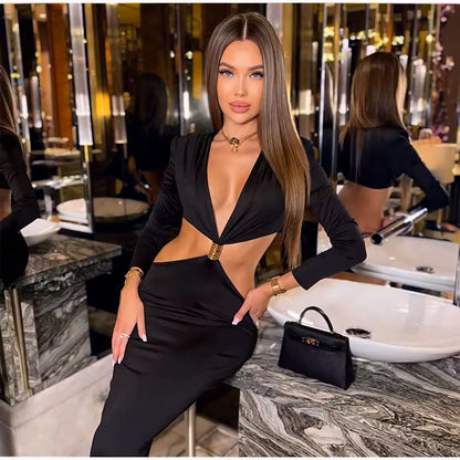 Selene Cut-Out Deep V Maxi Dress – White