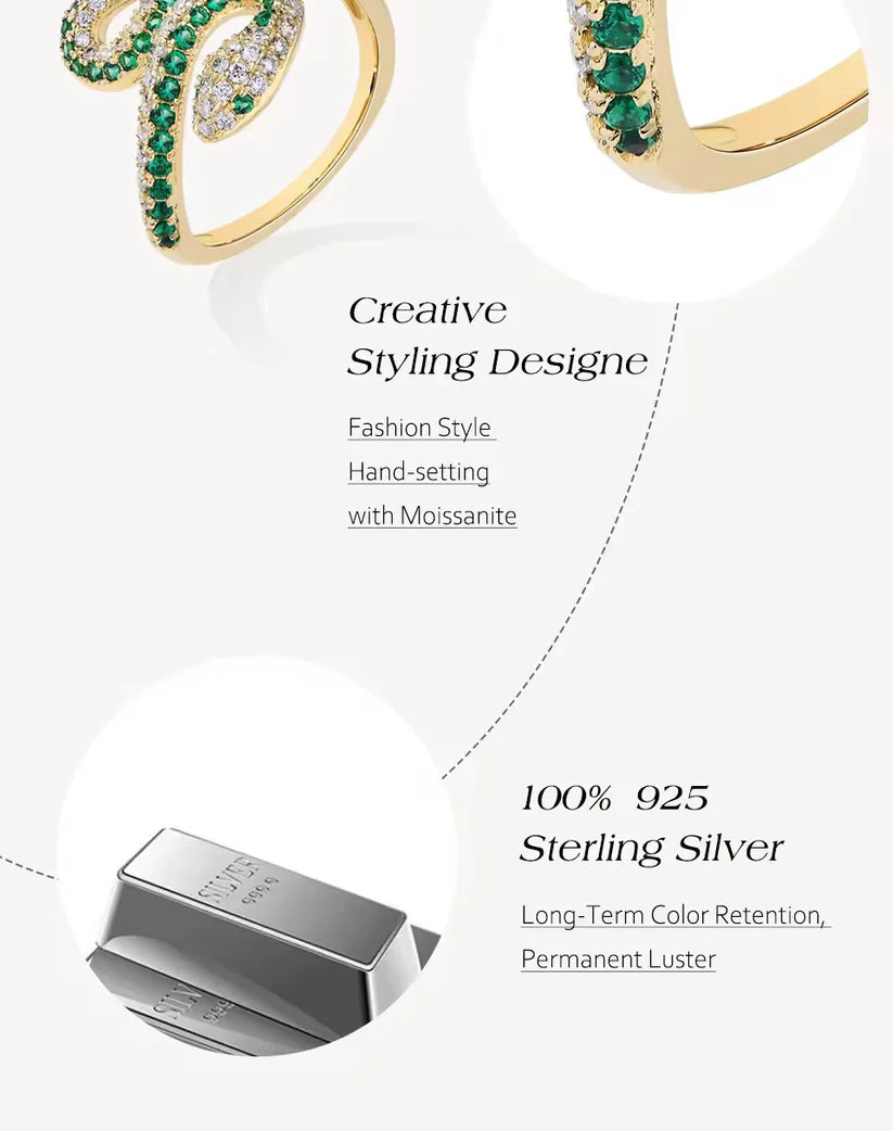 Gold and silver earrings with green gemstones on a white background, featuring text about material and design.