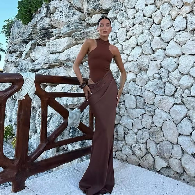 Two-Tone Roma Drape Maxi Dress – Caramel & Coffee