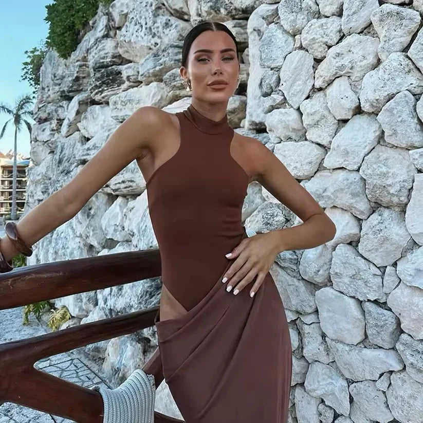 Halter Neck Maxi Dress with Asymmetrical Skirt