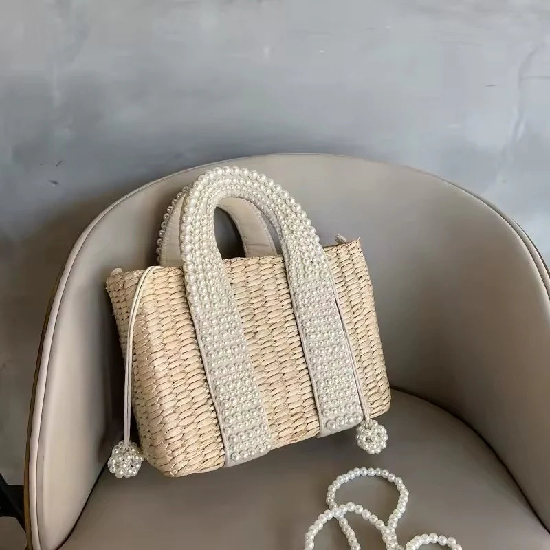 Elegant Beach Tote with Pearl Shoulder Strap