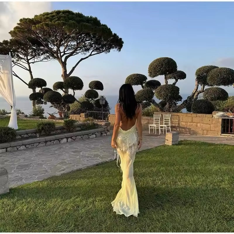 Backless sequin gown for sunset soirée