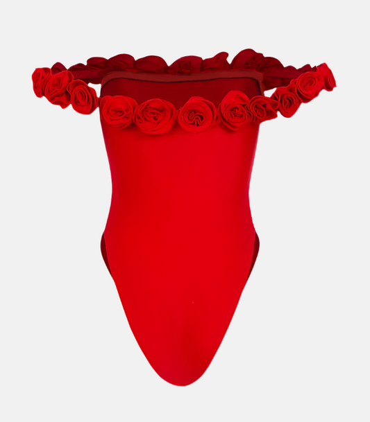 Rosalie Off-Shoulder One-Piece Swimsuit with 3D Rosette Detail – White or Red