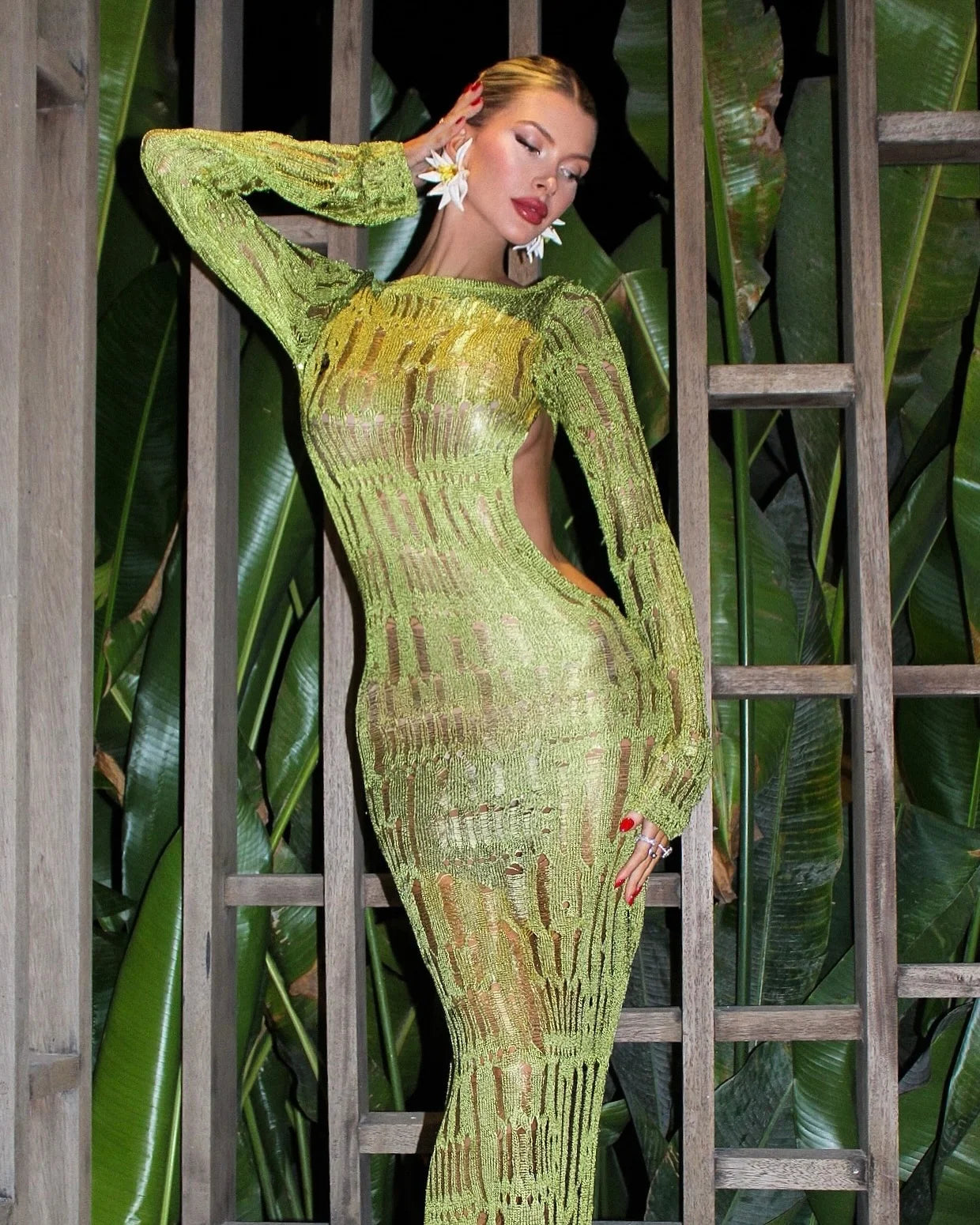 Lime green sheer knit maxi dress