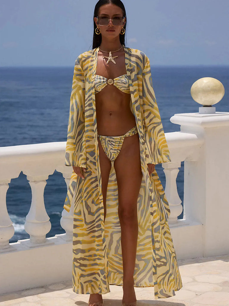 3-piece zebra bikini with gold shell detail