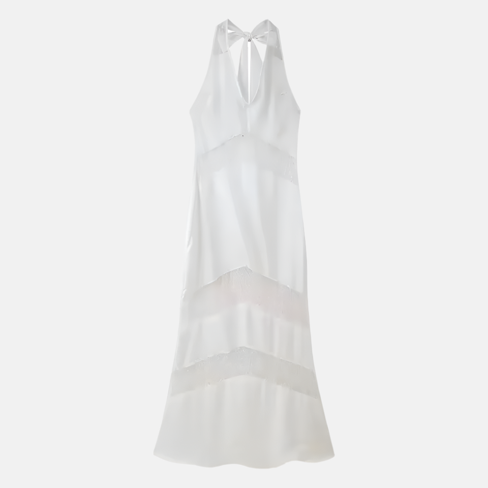 Luna Satin Halter Maxi Dress with Lace Panels – White or Black