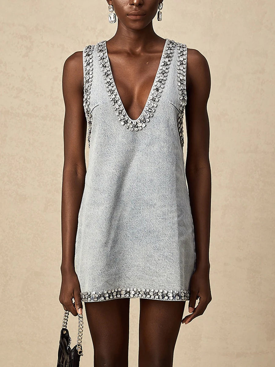 Sleeveless rhinestone denim mini dress