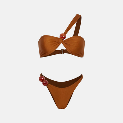 Terra One-Shoulder Bikini Set with Resin Bead Details – Coffee