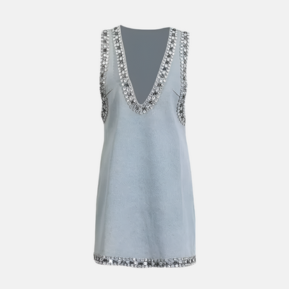 Roxie Crystal Trim Denim Mini Dress – Sleeveless V-Neck