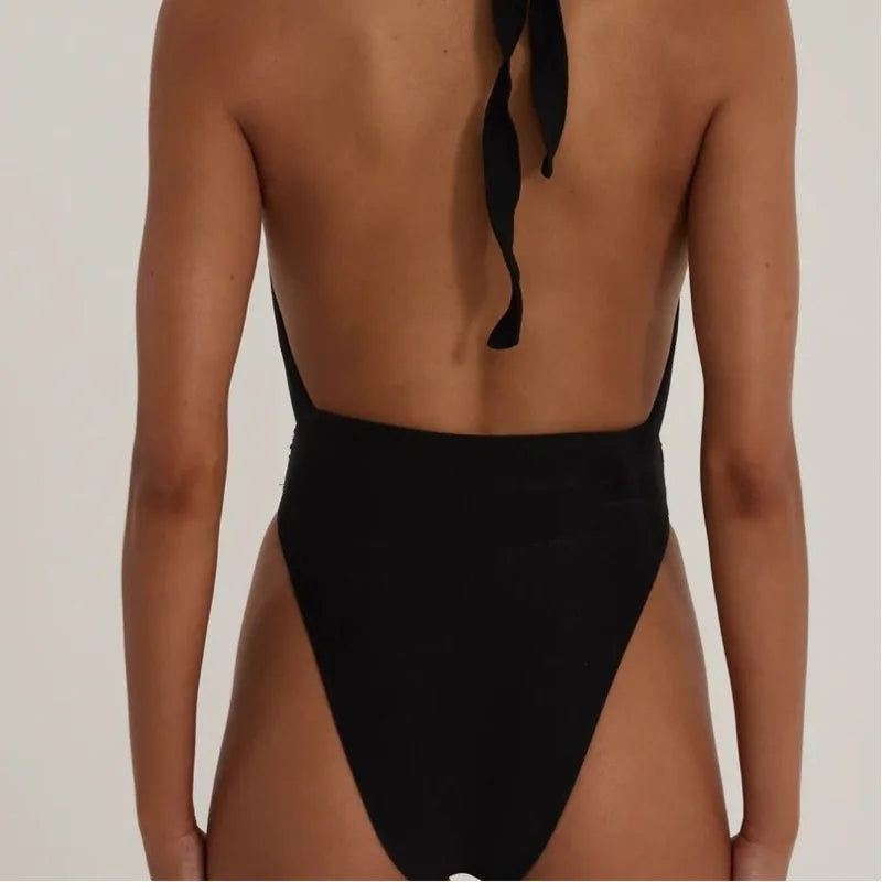 Deep V Black Swimsuit with Flower