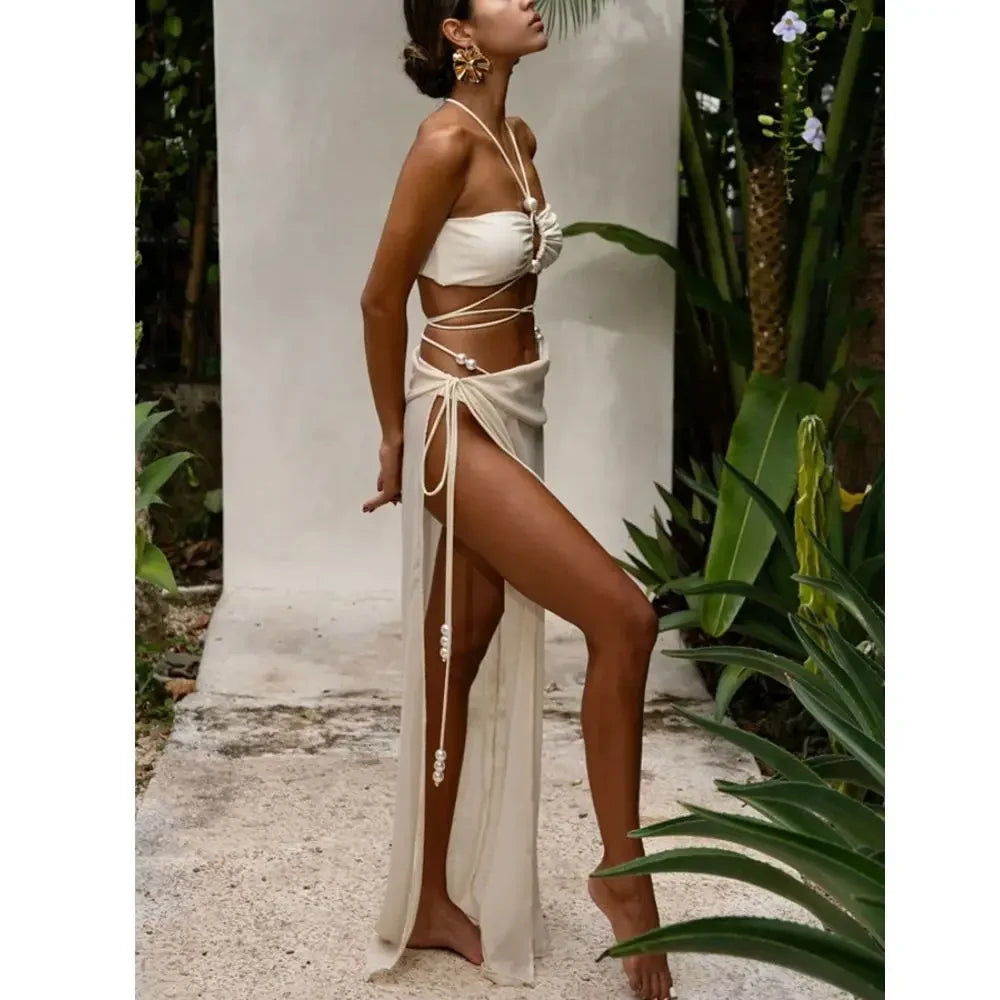 Cream Bikini with Pearl Straps