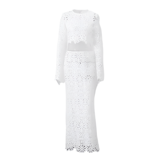Viola Floral Crochet Two-Piece Set – Crop Top and Midi Skirt in White or Black
