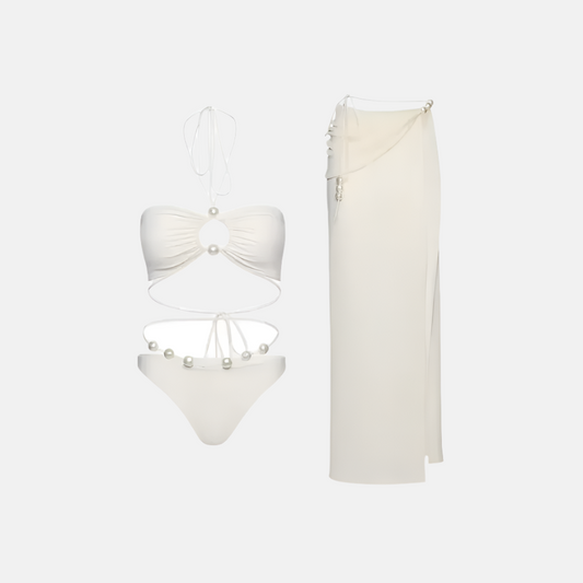 Capri Pearl-Strap Bikini Set with Pareo Skirt – White