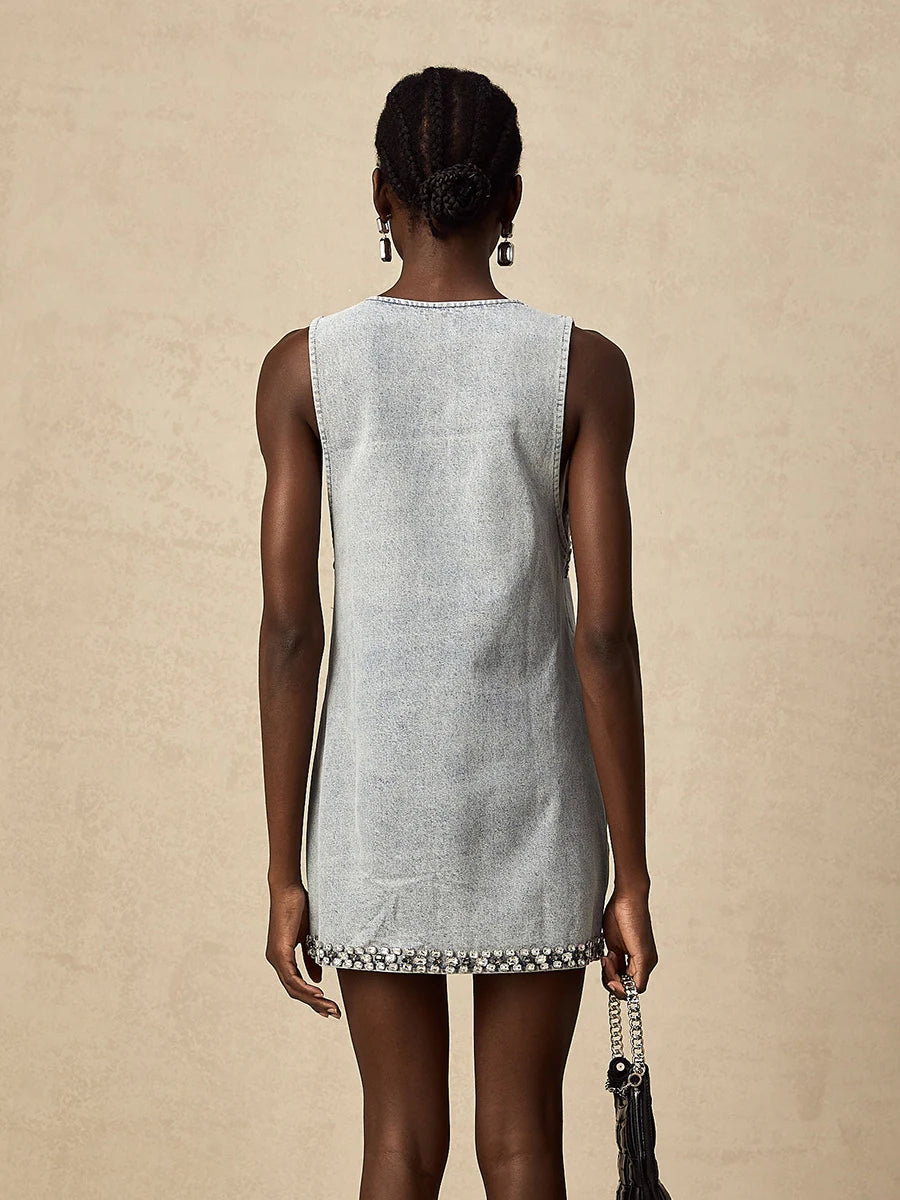 Light-wash denim dress with crystal trim