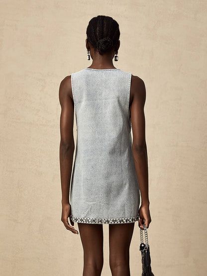 Light-wash denim dress with crystal trim
