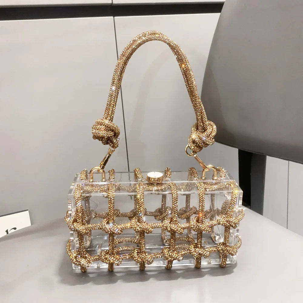 Clear acrylic box clutch with rhinestone rope
