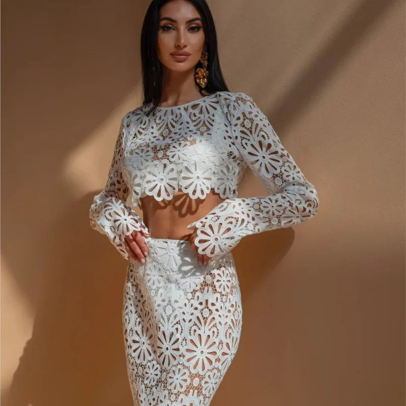White crochet lace two-piece set
