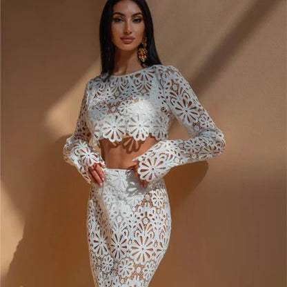 White crochet lace two-piece set
