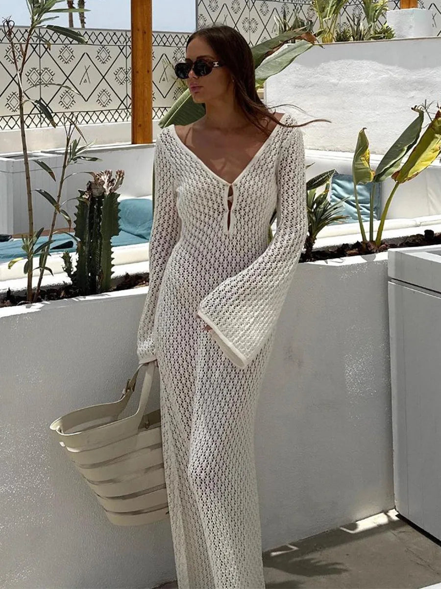 Capri Crochet Knit Maxi Cover-Up Dress – White – Ora Marella