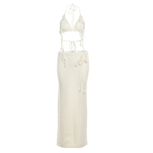 Valencia Knit Two-Piece Set with Rosette Details – White