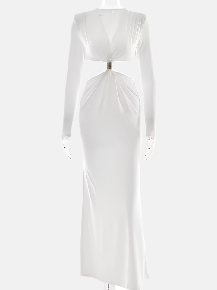 Selene Cut-Out Deep V Maxi Dress – White
