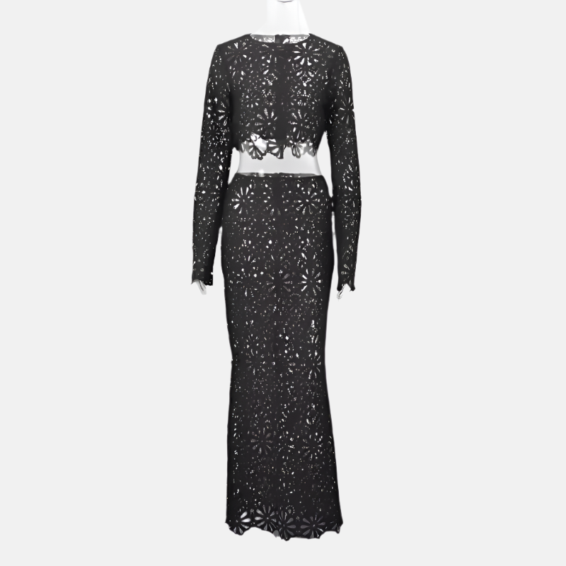 Viola Floral Crochet Two-Piece Set – Crop Top and Midi Skirt in White or Black