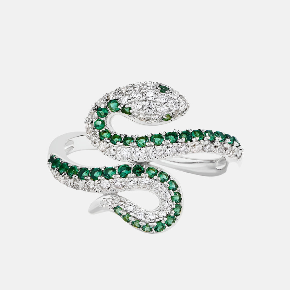 Silver snake-shaped ring with green gemstones on a white background, featuring the brand 'Charming Light'.