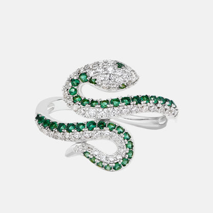 Silver snake-shaped ring with green gemstones on a white background, featuring the brand 'Charming Light'.